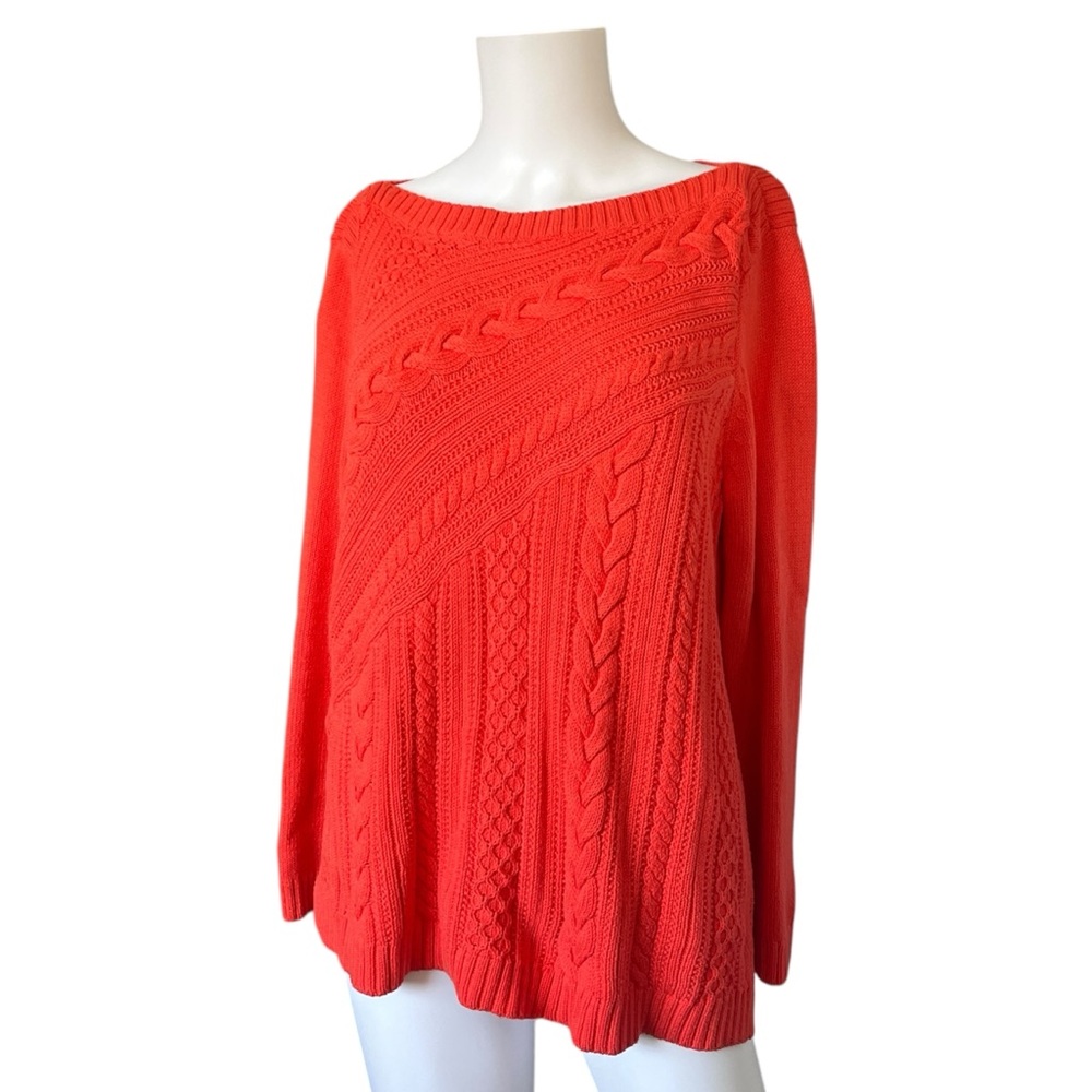Talbots Red Orange Boat Neck Sweater Cable Knit Cotton Size Large Petite LP